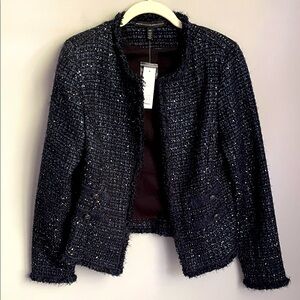White House Black Market Black Tweed Blue & Silver Open Front Blazer Size 10P